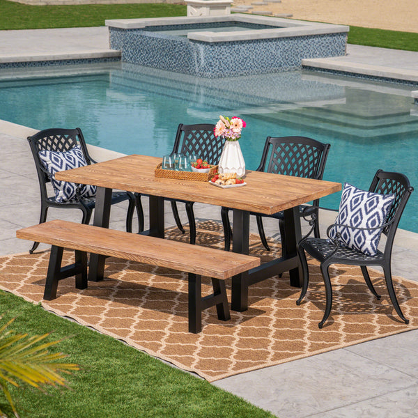 Outdoor 6 Piece Black Sand Aluminum Dining Set with Light Weight Concrete Table and Bench - NH108303