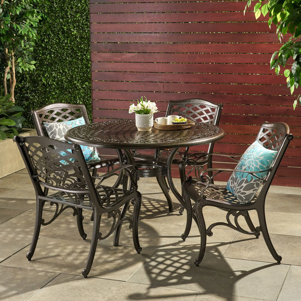 bronze cast aluminum patio table with umbrella hole Outdoor 5-Piece Bronze Cast Aluminum Dining Set with Umbrella Hole