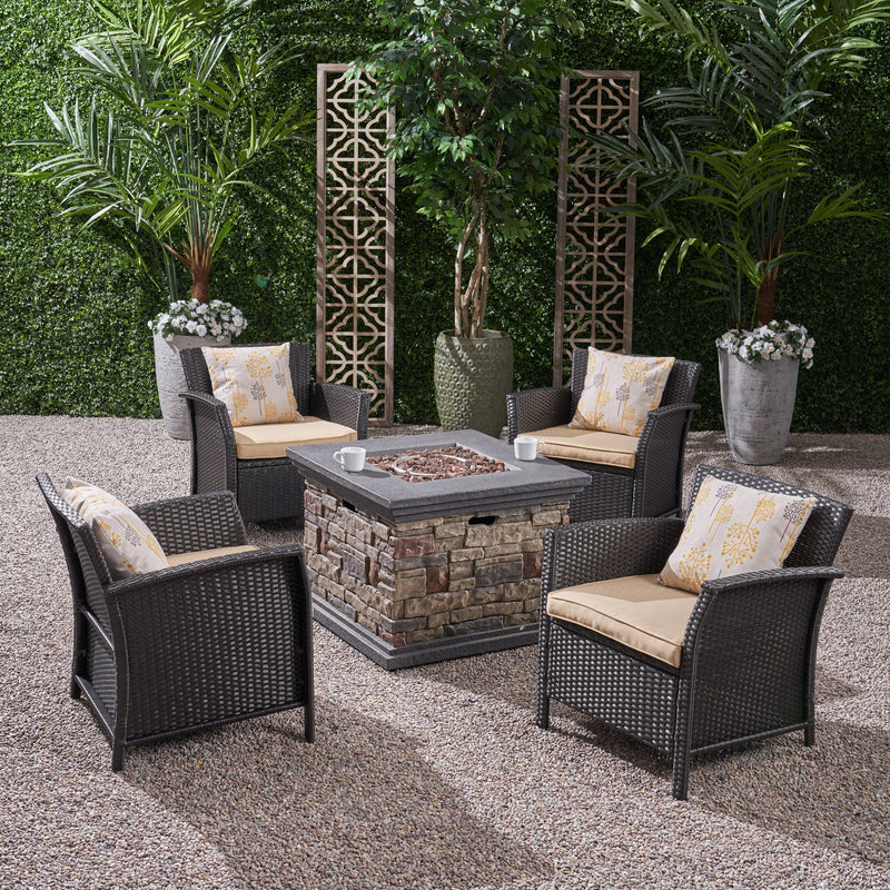 Outdoor 4 Piece Wicker Club Chair Chat Set with Fire Pit - NH474503