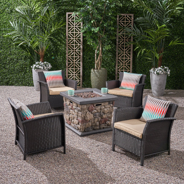 Outdoor 4 Piece Wicker Club Chair Chat Set with Stone Finished Fire Pit - NH234503