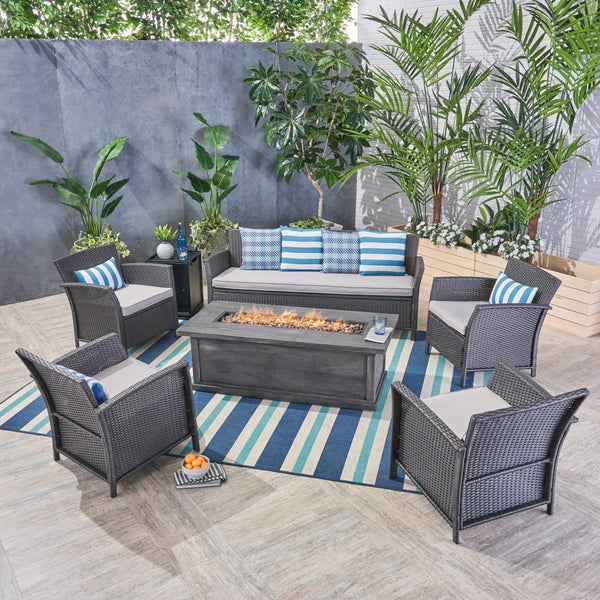 Outdoor 7 Seater Wicker Chat Set with Fire Pit - NH724503