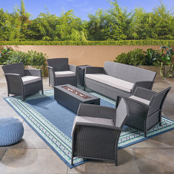 Outdoor 7 Seater Wicker Chat Set with Fire Pit, Gray and Silver and Dark Gray - NH924503