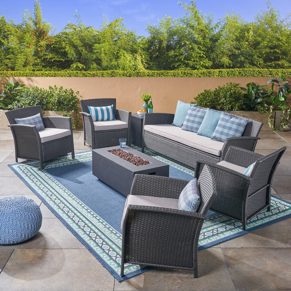 Outdoor 7 Seater Wicker Chat Set with Fire Pit, Gray and Dark Gray - NH503503