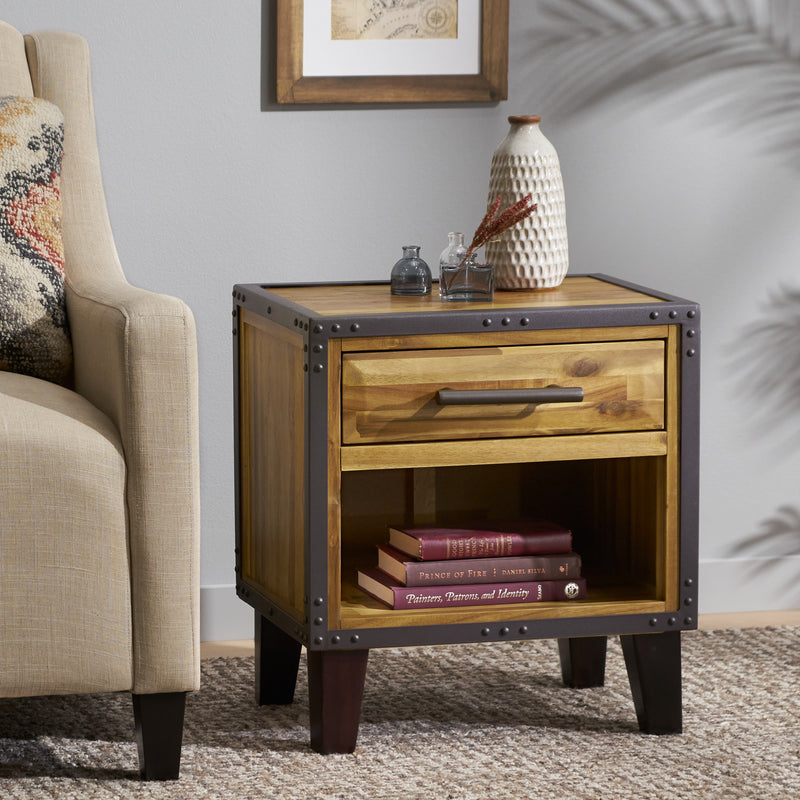 Industrial Solid Wood Single Drawer End Table Nightstand - NH292592