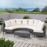 Outdoor 5 Piece Grey Wicker Sofa Set with White Water Resistant Fabric Cushions - NH147992