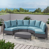 Outdoor 5 Piece Gray Wicker Sectional Sofa Set with Teal Cushions - NH506203