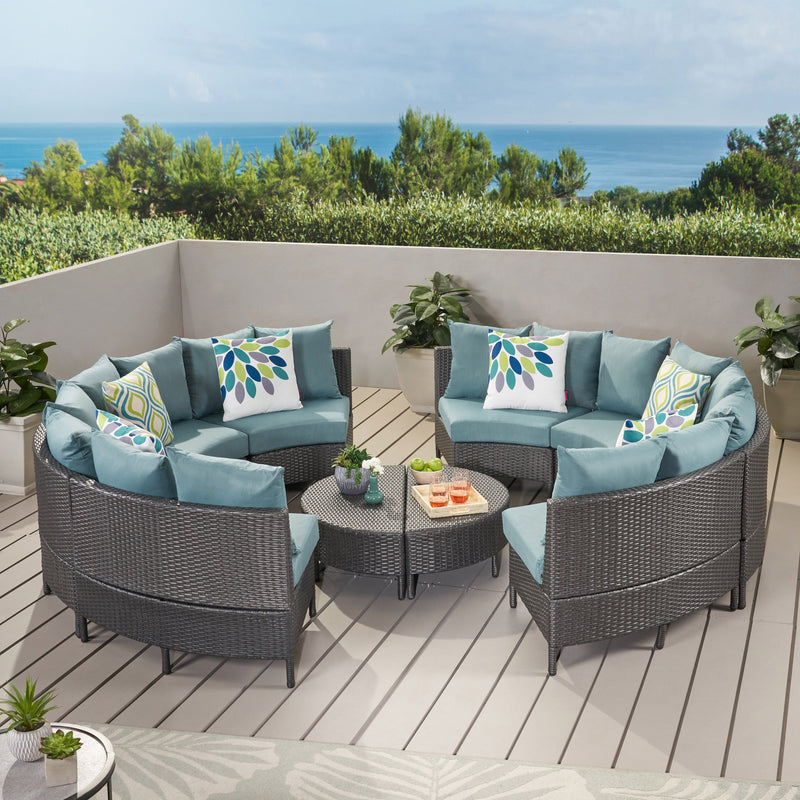 Outdoor 10 Piece Gray Wicker Sectional Sofa Set with Teal Cushions - NH406203