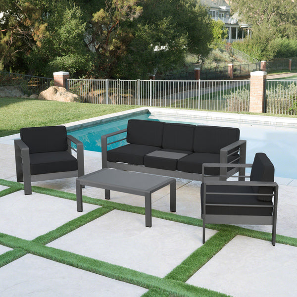 Outdoor Gray Aluminum 4 Piece Sofa Chat Set with Cushions - NH187103
