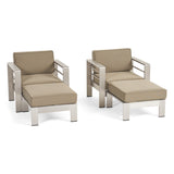 Outdoor Aluminum 2-Seater Club Chair Chat Set with Ottomans, Silver and Khaki - NH143603