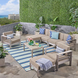 Outdoor Aluminum 6-Seater Sectional Sofa Set with Ottomans and Coffee Table, Silver and Khaki - NH943603