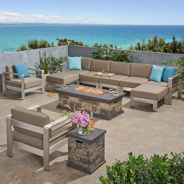 Outdoor 7 Seater Extended Aluminum Chat Set with Fire Pit - NH968903