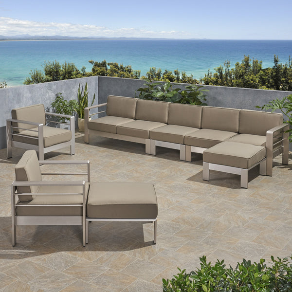 Outdoor Modern 7 Seater Aluminum Chat Set with Ottomans, Silver and Khaki - NH668903