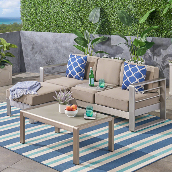 Outdoor Aluminum 3-Seater Sofa Set with Coffee Table and Ottman, Silver and Khaki - NH043603