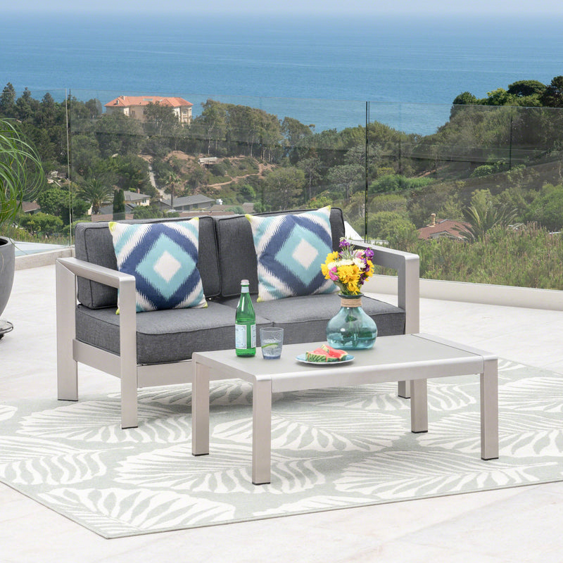 Outdoor Aluminum Loveseat and Tempered Glass-Topped Coffee Table, Silver and Gray - NH664603