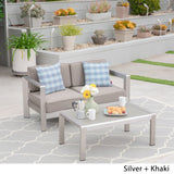 Outdoor Aluminum Loveseat and Tempered Glass-Topped Coffee Table - NH564603