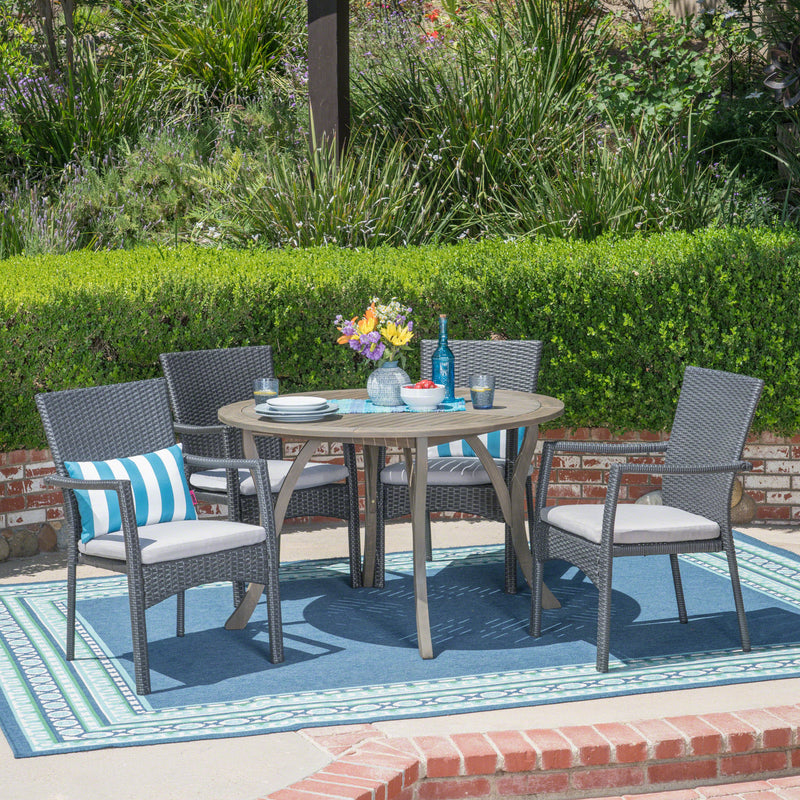 Outdoor 5 Piece Acacia Wood and Wicker Dining Set - NH020503