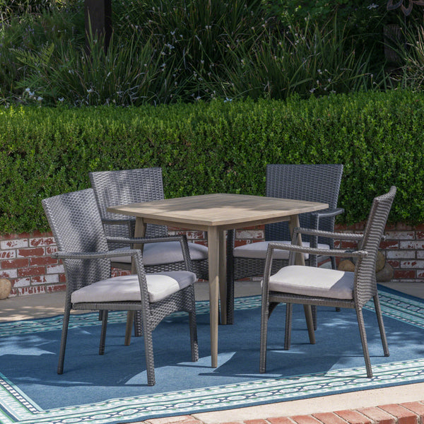 Outdoor Coastal 5 Piece Wicker Dining Set with Slat-Top Acacia Wood Table - NH911503