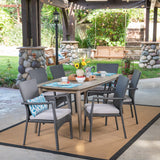 Outdoor 7 Piece Wood and Wicker Dining Set, Gray and Gray - NH171503