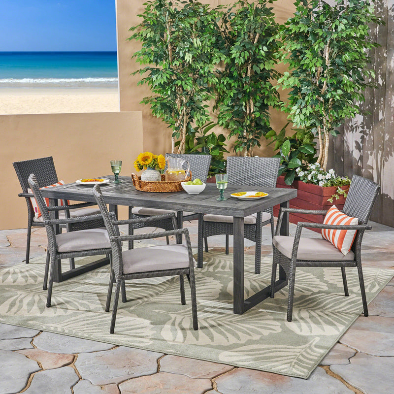 Outdoor 6-Seater Acacia Wood Dining Set with Wicker Chairs, Sandblast Dark Gray Finish and Gray - NH670603