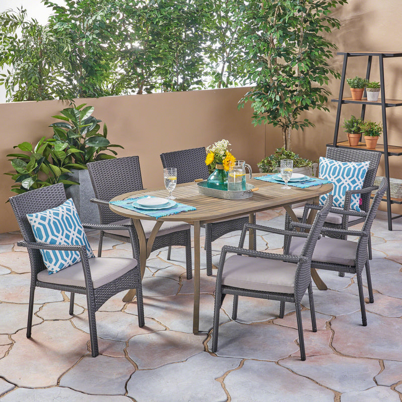 Outdoor 7 Piece Wood and Wicker Dining Set, Gray Finish and Gray - NH172503