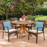Outdoor 5 Piece Brown Wicker Dining Set with Teak Finish Acacia Wood Circular Table and Crème Water Resistant Cushions - NH670403