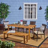 Outdoor 6-Seater Wood and Wicker Chair and Bench Dining Set - NH219503