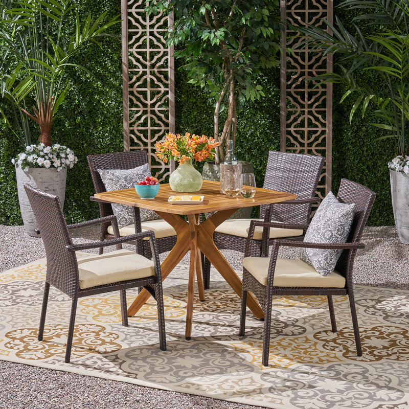Outdoor 5 Piece Wood and Wicker Dining Set - NH191503