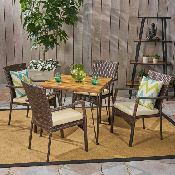 Outdoor Industrial Wood and Wicker 5 Piece Square Dining Set, Teak and Brown and Crème - NH564503
