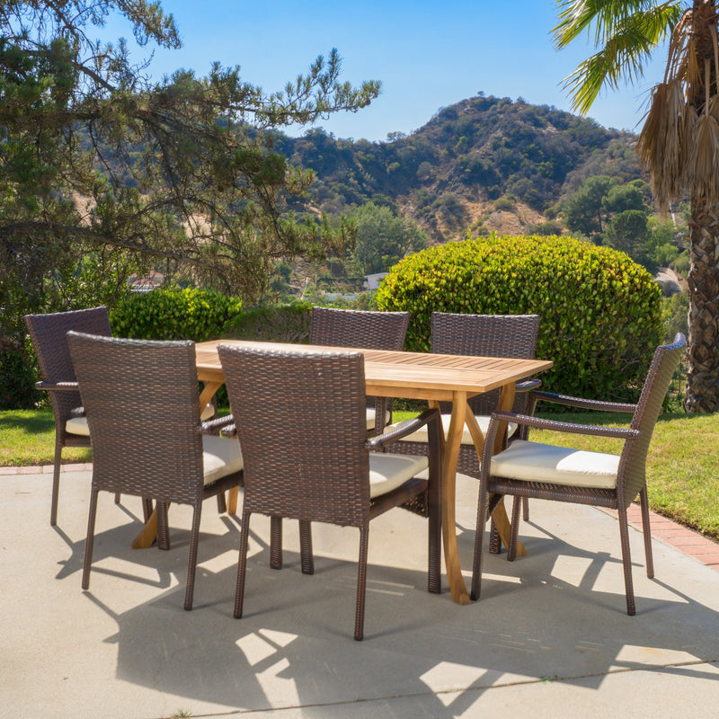 7 Piece Outdoor Dining Set (Wood Table w/ Wicker Chairs) - NH534892