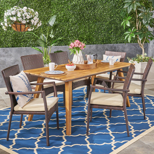Outdoor 7 Piece Acacia Wood Dining Set with Wicker Chairs, Teak and Brown and Cream - NH652603