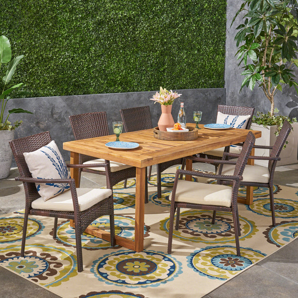 Outdoor 6-Seater Acacia Wood Dining Set with Wicker Chairs, Sandblast Natural Finish and Multi Brown and Beige - NH570603
