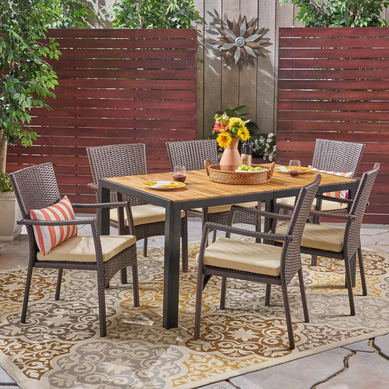 Outdoor 6-Seater Rectangular Acacia Wood and Wicker Dining Set, Teak with Black and Brown with Cream - NH503603