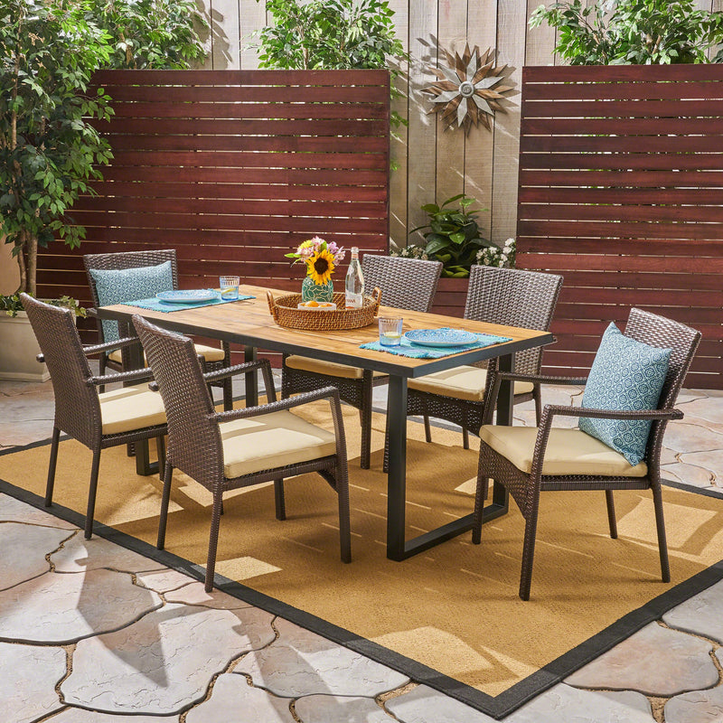 Outdoor 6-Seater Rectangular Acacia Wood and Wicker Dining Set, Teak with Black and Brown with Cream - NH892603