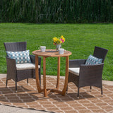 Outdoor 3 Piece Acacia Wood/ Wicker Bistro Set with Cushions, Teak Finish and Multibrown with Beige - NH003403