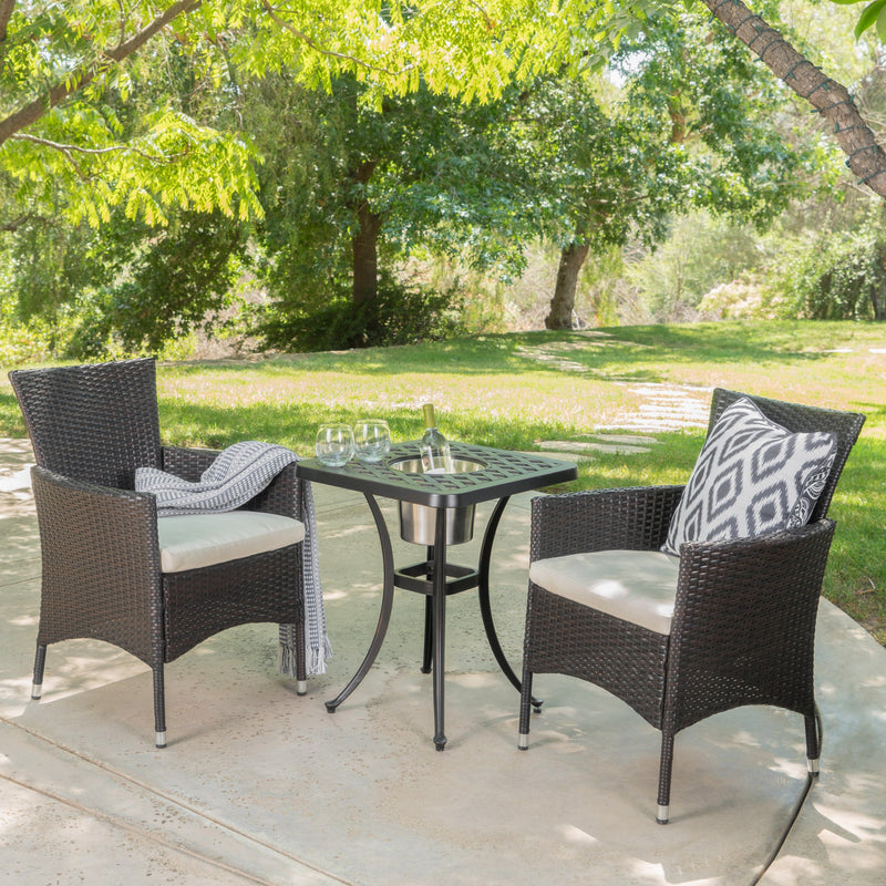Outdoor 3Pc Wicker Bistro Set w/ Water Resistant Cushions - NH876003