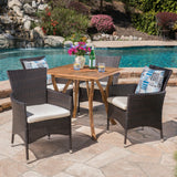 Outdoor 5 Piece Acacia Wood/ Wicker Dining Set with Cushions, Teak Finish and Multibrown with Beige - NH603403