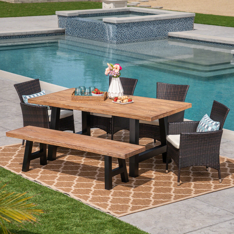 Outdoor 6 Seater Wicker & Concrete Dining Set With Bench - NH197303