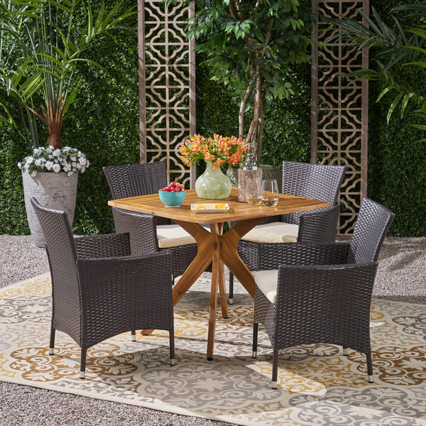 Outdoor 5 Piece Wood and Wicker Dining Set - NH291503