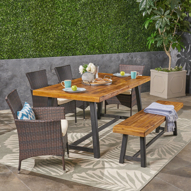Outdoor 6 Piece Dining Set with Stacking Wicker Chairs and Bench, Sandblast Teak and Black and Multi Brown - NH152603