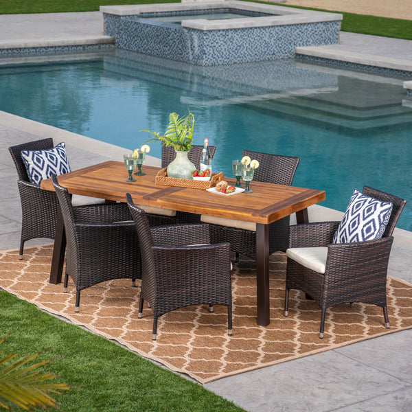 Outdoor 7 Piece Acacia Wood/ Wicker Dining Set with Cushions, Teak Finish and Multibrown with Beige - NH213403