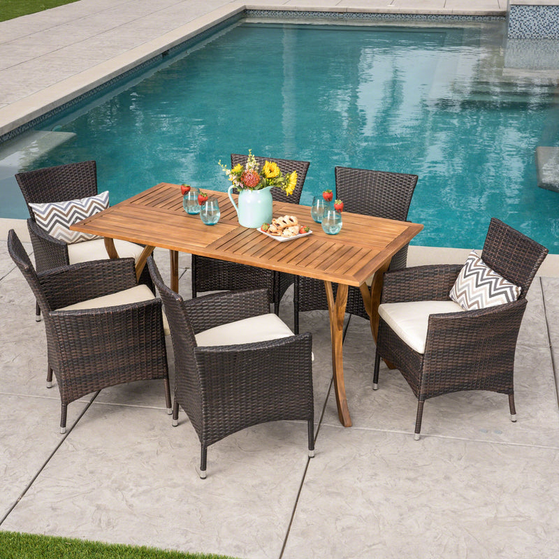Outdoor 6 Seater Wood & Wicker Dining Set with Cushions - NH792403