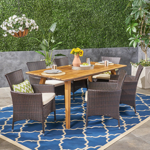 Outdoor 7 Piece Acacia Wood Dining Set with Wicker Chairs, Teak and Multi Brown and Beige - NH062603