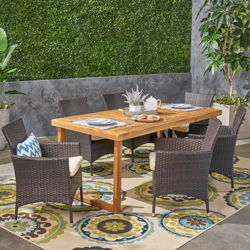 Outdoor 6-Seater Acacia Wood Dining Set with Wicker Chairs, Sandblast Natural Finish and Multi Brown and Beige - NH370603