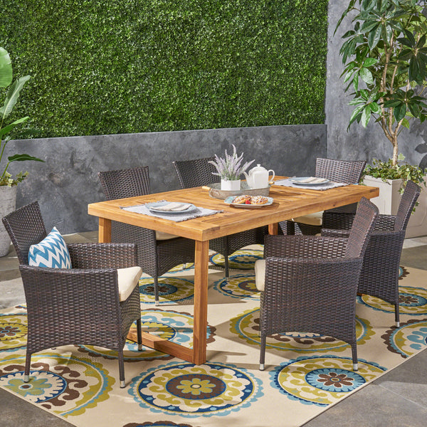 Outdoor 6-Seater Acacia Wood Dining Set with Wicker Chairs, Sandblast Natural Finish and Multi Brown and Beige - NH370603