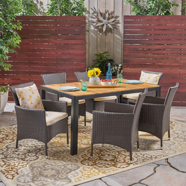 Outdoor 6-Seater Rectangular Acacia Wood and Wicker Dining Set, Teak with Black and Multi Brown with Beige - NH703603