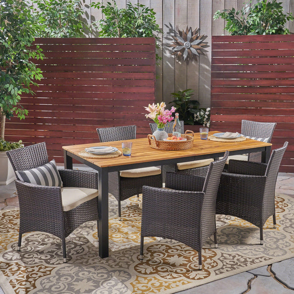 Outdoor 7 Piece Acacia Wood Dining Set with Wicker Chairs - NH352603