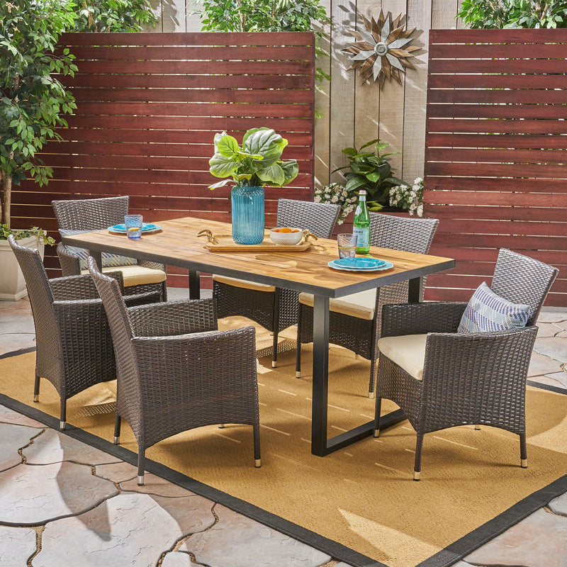Outdoor 6-Seater Rectangular Acacia Wood and Wicker Dining Set, Teak with Black and Multi Brown with Beige - NH003603