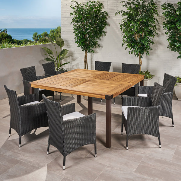 Outdoor 8 Seater Acacia Wood and Wicker Dining Set with Cushions - NH590013