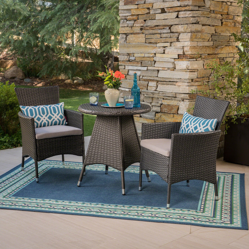 Outdoor 3 Piece Wicker Bistro Set, Grey with Silver Cushions - NH027403