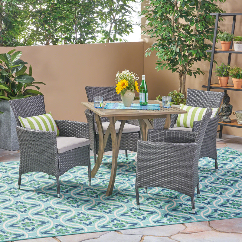 Outdoor 5 Piece Wood and Wicker Square Dining Set, Gray and Gray - NH912503